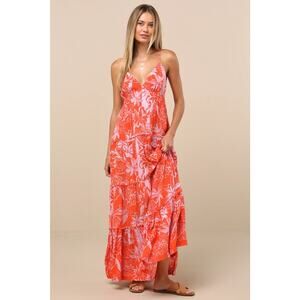 NWT Roxy Warm Rays Coral Tropical Print Tiered Tie-Back Maxi Dress M